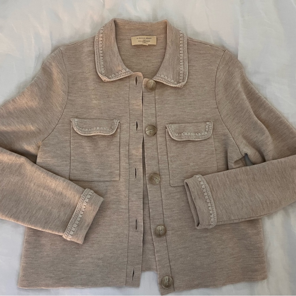 Beloved crochet Sezane Betty cardigan merino oat size Large L